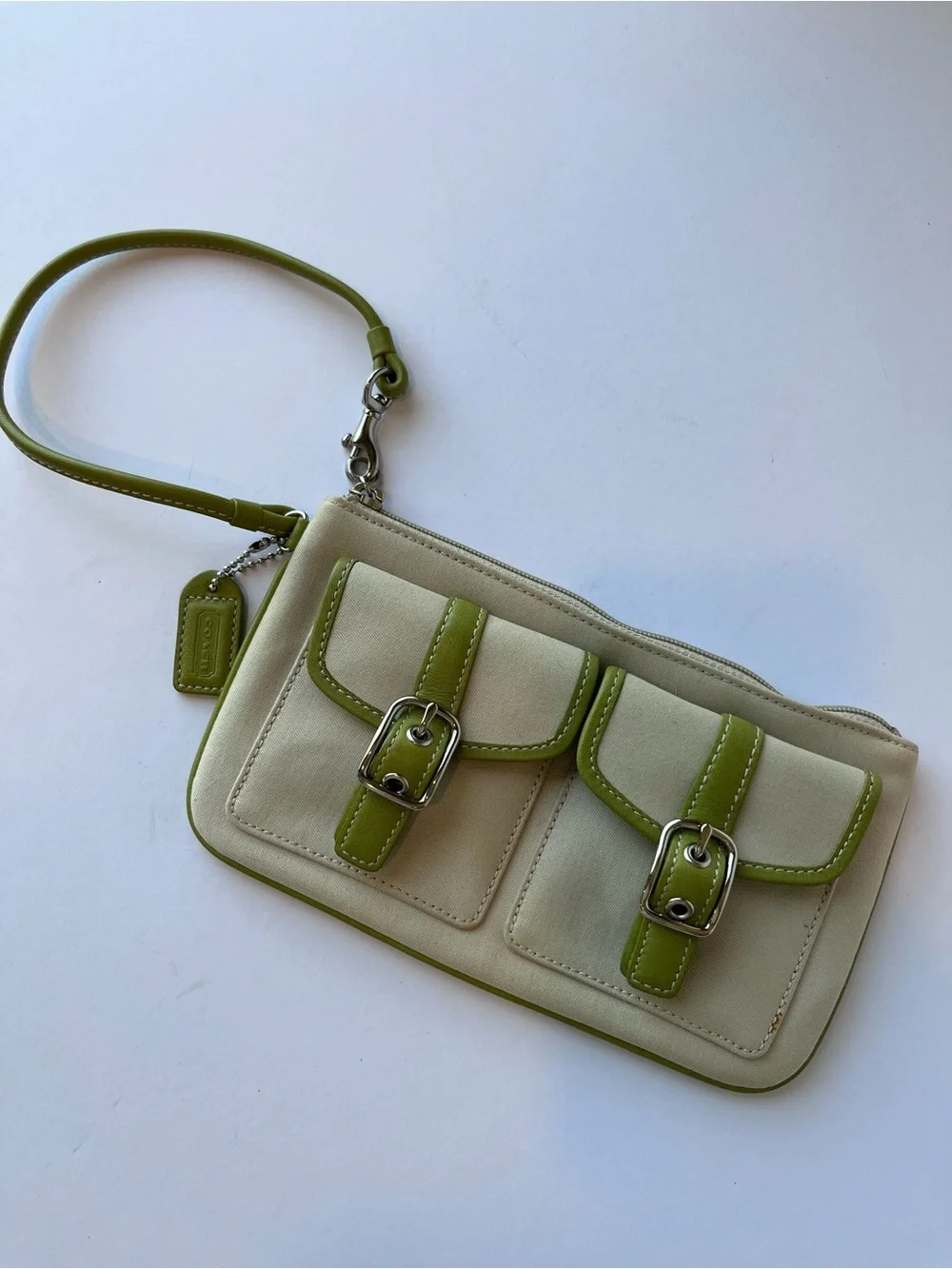 Vintage Coach Wristlet Y2K Tan Green Buckle